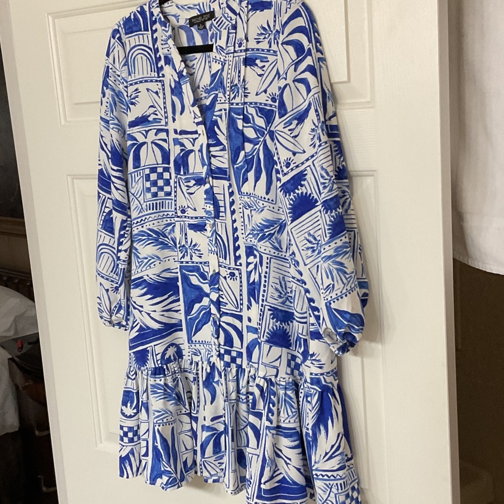 Rachel Zoe Blue and White Geometric Santorini Long Sleeve Dress